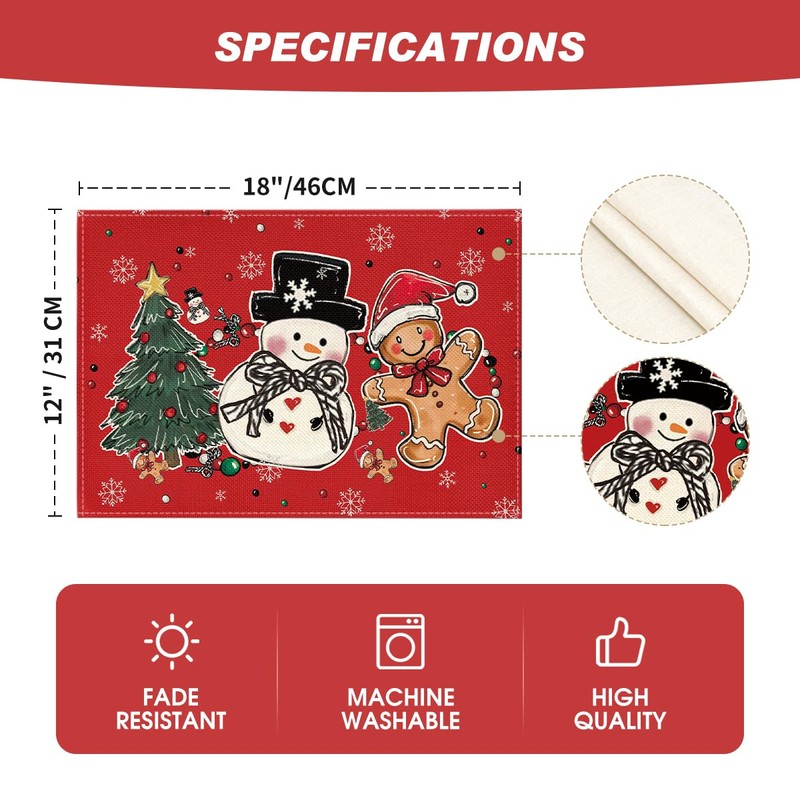 Artoid Mode Snowman Tree Gingerbread Red Christmas Placemats Set of