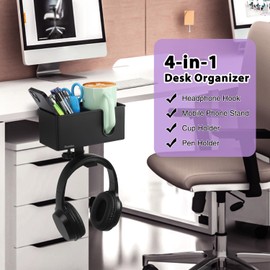 DramLan Desk Organizer with Headphone Hanger Desk Cup Holder for Desk Storage Beverages Phone Holder Clip on Desk Cup Holder Rotating Headphone Hanger and Detachable Desk Storage (Black)