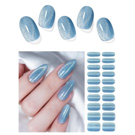AutyaMee Semi Cured Gel Nail Strips (Powder Blue Cat Eye), 20 Pcs Gel Nail Wraps, Stickers, UV Light Required, Salon Quality, Long Lasting