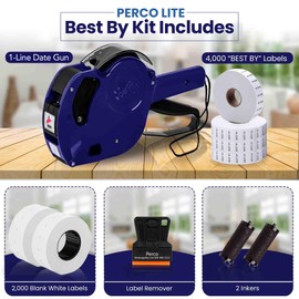 Perco Lite 1 Line Date Gun Kit - Includes 2 White Rolls, 4 Rolls of Best by Labels, 2 Ink Rollers - 1 Ink roll and Labels Pre-Loaded