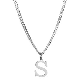 SAELACY Men’s Minimal Initial Necklace, Stainless Steel Gold Silver Tone 26 Letters Pendant Necklace for Men Women 3.5mm Cuban Chain Waterproof (S, white)