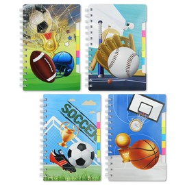 4 Pack Sport Theme Spiral Notebook,Baseball Basketball Rugby Football Wirebound Pocket Journal Hardcover Note Books Lined Notepad Diary with Sticky Tab for Boy Kid Party Christmas Office Supplies