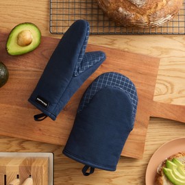 KITCHENAID Gourmet Series Gridlines Mini Oven Mitts 2-Pack Set, Heat Resistant up to 600°F, Soft Silicone Grip, Magnetic Cuff, Ink Blue, 5.5"x9"
