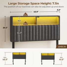 Rolanstar Headboard for Twin Size Bed with Storage, Linen Fabric Upholstered Head Board with USB & Type C Port, 60,000 DIY Color of LED Light, Height Adjustable, Sturdy, Easy Assembly, Grey
