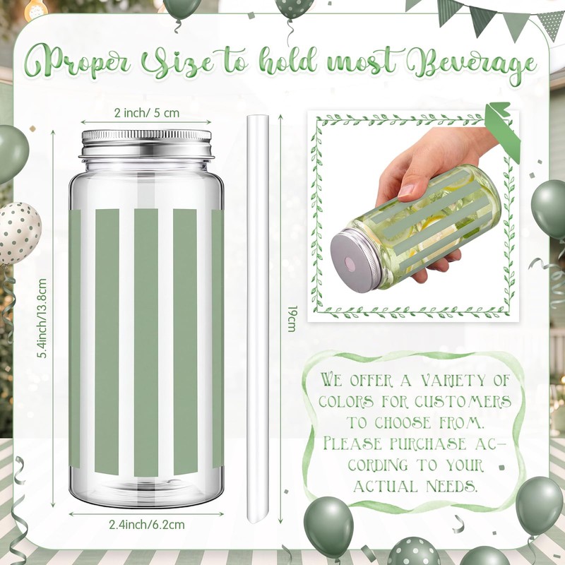 18 Pack Sage Green Striped Disposable Plastic Cups with Lids