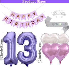 13th Birthday Party Decorations Hello Thirteen Birthday Party Balloons Silver 13th Birthday Tiara Sash Happy Birthday Banner for 13 Year Old Girls Birthday Party Supplies (Purple)