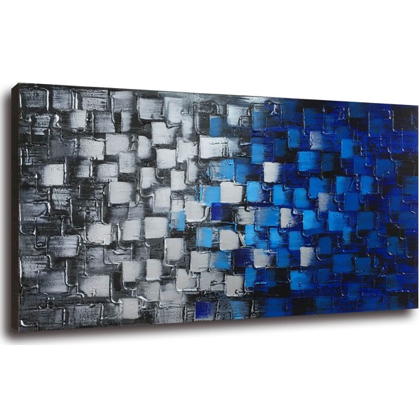 Large Textured Abstract Squares Canvas Wall Art Handmade Blue and Silver Oil Painting Picture Framed Ready to Hang Home Decoration 60x30inch