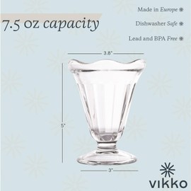 Vikko Glass Dessert Cups, Set of 12 Footed Ice Cream Bowls, 7.5 Ounce Milkshake Glasses, Thick and Durable Parfait Sundae Cups