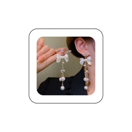 Inilbran Boho Pearl Tassel Drop Earrings Vintage Pearl Tassel Chain Dangle Earrings Gold Bow CZ Stud Earrings Long Chain Tassel Pearl Earrings Jewelry for Women and Girls