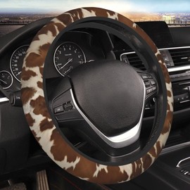 MAGIFUN Brown Cow Steering Wheel Cover Women Cowhide Car Accessories 15 Inch Grip Steering Wheel Cover for Car SUV Truck Sedans, Cute Cowhide Anti-Slip, Odorless Cloth Steering Wheel Covers