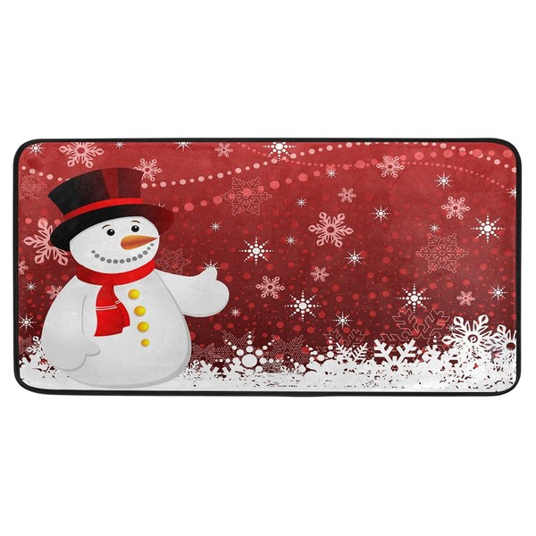 Christmas Snowman Kitchen Mat Winter Snowflakes Holiday Kitchen Rug Red