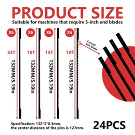 Scroll Saw Blades with Pin, 127 mm Saw Blades Scroll Saw 10/15/18/24, Scroll Saw Blades with Spiral Teeth, for Cutting Wood, Metal and Plastics, Pack of 24