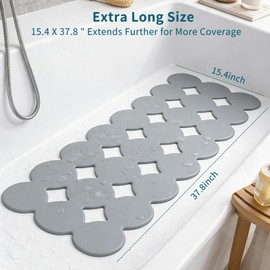 Webos Bathtub Mat Non Slip: Extra Long Rubber Bath Mat for Tub with Strong Suction Cups 15.4" x 37.8" Anti Slip Shower Mat, Big Drain Holes Bathroom Mats for Tub & Shower, Circle-Grey