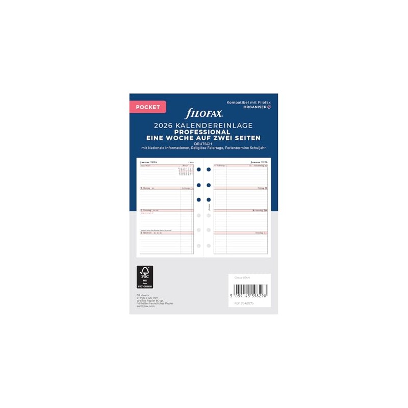 Filofax Kalender Pocket Prof.1 Woche auf 2 Seiten (deutsch)2026