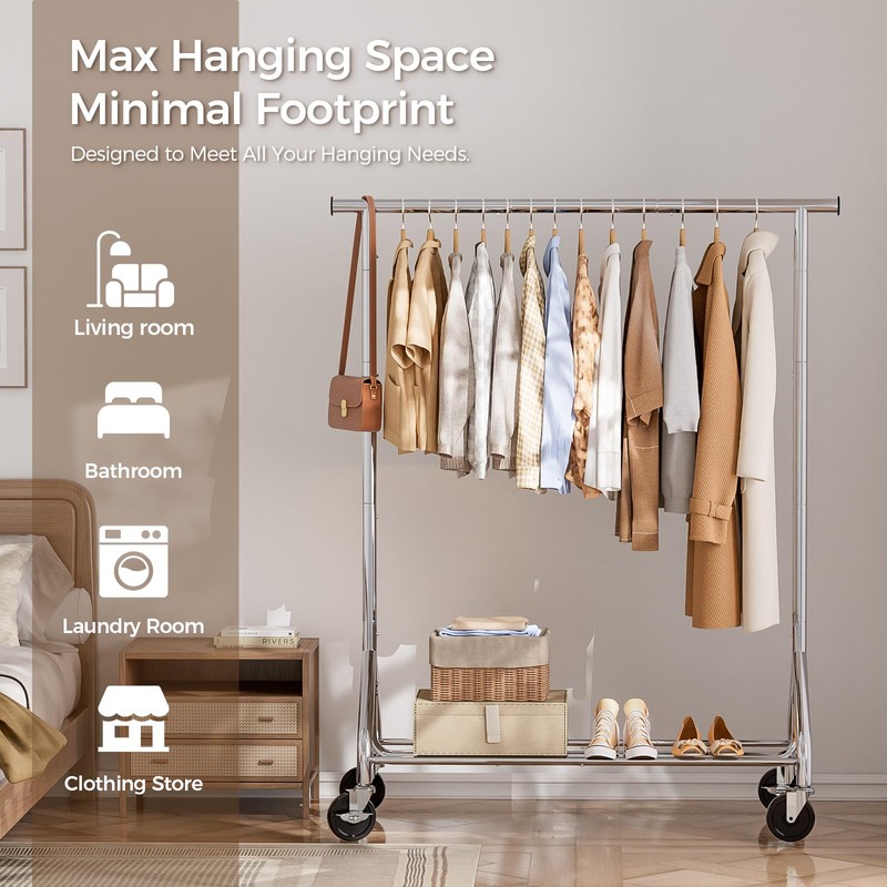 HYSEYY Clothes Rack, Rolling Clothing Rack for Hanging Clothes Load