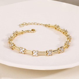TIGRADE 14K Gold Plated Cubic Zirconia Link Chain Bracelet Dainty CZ Adjustable Bracelets for Women Friendship Size 6.5-7.5 Inch (7.5")