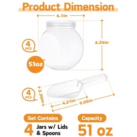 Glazeal 4pcs Plastics Candy Jars 51oz with Lid & Spoons, 1500ml Plastic Cookie Jars Set Clear with Labels& Pen for Candy, Buffet, Coffee Holder Food Storage