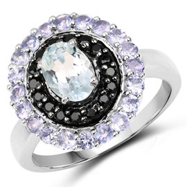 Bonyak Jewelry Genuine Oval Aquamarine, Black Spinel and Tanzanite Ring in Sterling Silver - Size 6.00