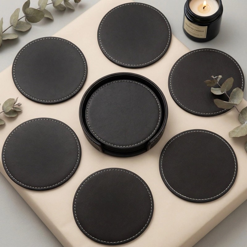 Set of 6 PU Leather Black Bar Drink Coasters with