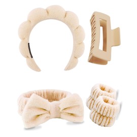 5 Pcs Spa Headbands for Wash Face, Makeup Headband, Facial Skincare Headbands, Puffy Sponge Spa Headband Bow Tie Hair Band Hair Clips Wristband Set Women Girls (khaki)