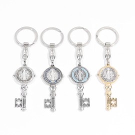 WHLHMK 4Pcs Saint Benedict Medal Keychain, St Benedict Medals Key Chain, Saint Benedict Jubilee Medal, Cross Protection Key Shaped Keychain, Exorcism Medal Christian Sacramental Medal Keyring