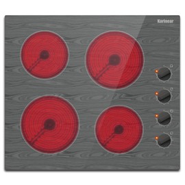 Karinear Electric Cooktop 24 Inch, 4 Burners Built-in Electric Stove Top, Glass Cooktops with Wood Patterns, 9 Heating Power Settings, Knob Control, 6000 High Power, 220-240v Hard Wired(No Plug)