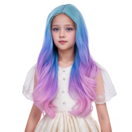 Edivd Rainbow Wig for Kids Girls Long Colorful Wavy Curly Wig Children Multi Color Middle Part Wigs Heat Resistant Synthetic Wigs with Cap