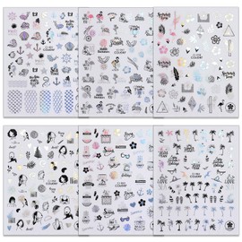 ROFIBUT Summer Nail Art Stickers Palm Tree Nail Decals Laser Silver Black Seashell Mermaid Shape 3D Self-Adhesive Nail Art Designs Tropical Ocean Nail Foil Supplies for Women Girls Manicure 6 Sheets