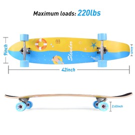 Slendor 42 Inch Longboard Skateboard Complete Cruiser Pintail, Drop Through Deck Skateboardfor Cruising, Carving, Downhill