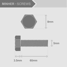 M5 x 60 mm, 25 pieces, 304 stainless steel hex screws, bolts and nuts set, machine screws