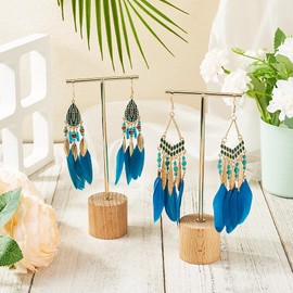 FASHEWELRY 2 Pairs Long Feather Earrings for Women Bohemian Fringe Long Tassel Drop Dangle Earrings Beaded Deep Sky Blue Feather Earrings Golden Hook Earrings for Women Dangling