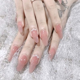 Xerling 24Pcs Long Press on Nails Jelly Pink Fake Nails Women Girls Glossy Full Cover Tiny Pearl Acrylic Nails Artificial Nails Dating Daily