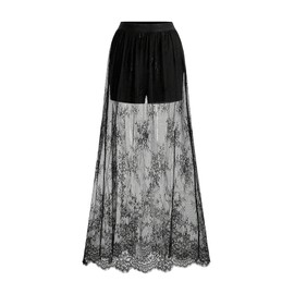 Verdusa Women's Lace Maxi Skirts Flowy Mesh Festival Outfit Rave Beach Vacation Long Skirt Black