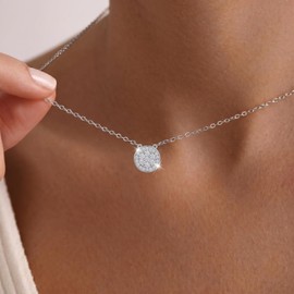 SAVORI 925 Sterling Silver Round Pave Cubic Zirconia Pendant Necklace, Dainty CZ Disc Necklace for Women Gift, 18K Gold Plated