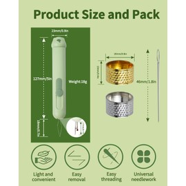 PODOEIL Automatic Needle Threader with 2pcs Sewing Thimble, 3 in 1 Needle Threaders with Needle Storage, Seam Ripper Needle Threaders for Hand Sewing, Crafting, Knitting (Green)
