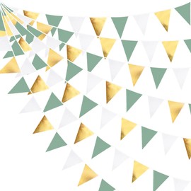 32Ft Sage Green Gold White Bunting Banner Party Decorations Fabric Triangle Flag Pennant Garland Streamers for Rustic Jungle Safari Wild Woodland Dinosaur Birthday Wedding Baby Shower Hanging Decor