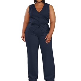Plus Size Pants Suits for Women Dressy 2 Piece Business Casual Outfits Sleeveless Blazer Wide Leg Pants Pantsuit Sets Navy Blue 4X