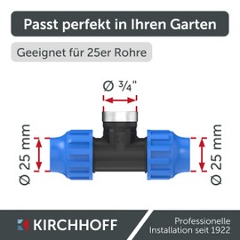 Kirchhoff Fitting T-transition piece with internal thread, plastic, 3/4 x 25 mm, for HDPE pipe, set of 5, various sizes, DVGW tested, drinking water quality, made in the EU, black, HDPE fitting