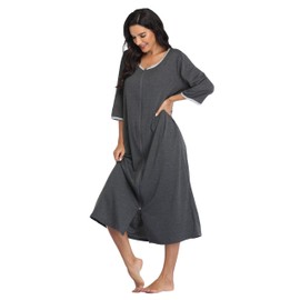 Giova Women's Sleepwear Zipper Long Nightgown Lounge Wear Dress Gown Soft Nightshirt Housecoat Robe Grey