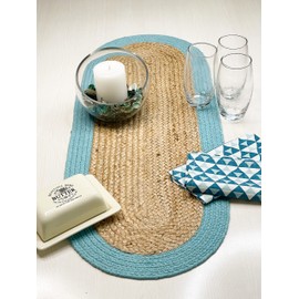 CHARDIN HOME Verona Oval Woven Jute & Cotton Braided Table Runner, Size -13 x 36 Inches, Color - Natural Jute with Aqua Border