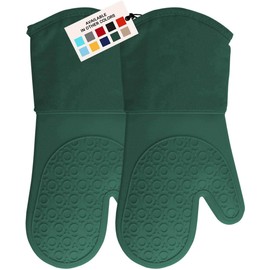 HOMWE Extra Long Professional Silicone Oven Mitt, Oven Mitts with Quilted Liner, Heat Resistant Pot Holders, Flexible Oven Gloves, 1 Pair (Green, 13.7 inch)