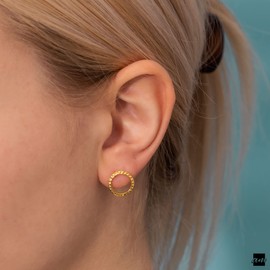 Amberta Women 925 Sterling Silver Minimalist Stud Earrings: Gold Plated Big Hammered Circumference Studs