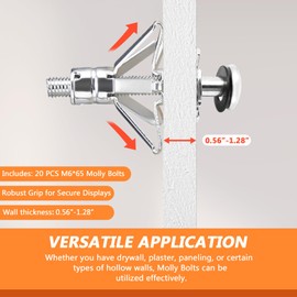 20 pcs Molly Bolts, M6*65Metal Drywall Anchors, Zinc Plated Steel Molly Bolt for Plaster Walls, Hollow Anchor for Drywall (M6*65)