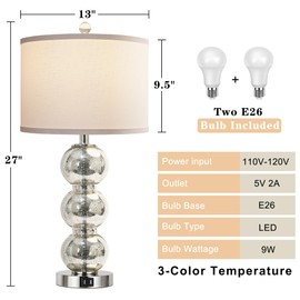 Set of 2 Table Lamps for Living Room Glass Triple-Sphere 27" Tall Table Lamp Contemporary Bedside Desk Nightstand Lamp for Bedroom Living Room Office, Mercury Silver/Chrome