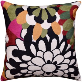 Black Daisy Floral Pillow Cover Flower Pillowcase Floral Outdoor Pillows Suzani Accent Cushion Traditional Floral Chair Cushions Hand Embroidered Cushion Wool Size - 18x18