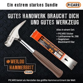 PICARD Roofing Hammer No. 298 + Mini BlackGiant® + Sticker | 600 g Head Weight | Smooth Track | Magnetic Nail Holder | Corrosion Protected | Chrome Molybdenum Steel Tube Handle | GS Tested | Length