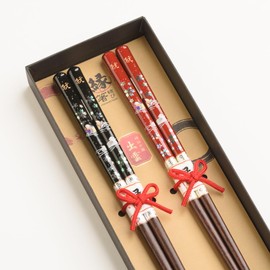 Matching Chopsticks, Married Couples Chopsticks, Luxury, Stylish, Dishwasher Safe, Cherry Blossoms, Wedding Gift, Parents, Non-Slip, Black, Red, 9.1 inches (23 cm), 8.3 inches (21 cm)