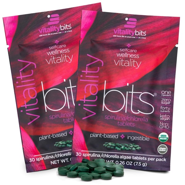 VITALITYbits - Organic Blended Spirulina & Chlorella Tablets - Algae Superfood - Energy, Self Care, Beauty - Replace Greens, Supplements, Protein, Snacks - Vegan, Keto, Gluten Free - 60 Tablets