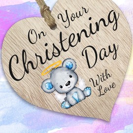 Christening Gifts for Boy Him On Your Christening Day Hanging Wooden Heart Sign Plaque for Mummy Daddy - Light Wood Hearts, First Communion Christening Gifts, Christian Religious Gift, Keepsake
