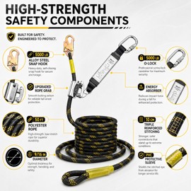 50FT Vertical Lifeline Assembly, Safety Rope,Fall Protection Rope cuerda, Safety Rope for Roofing,Polyester Roofing Rope with Hooks, Rope Grab, Roof Anchor and Knee Pads; ANSI Compliant